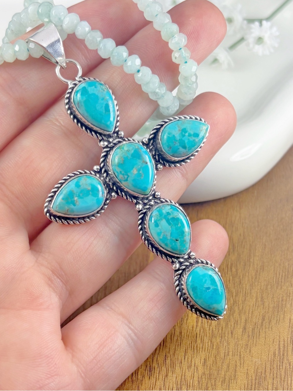 XL Mohave Turquoise Cross Pendant Jade Necklace Sterling Silver 925 Overlay New - Picture 3 of 12